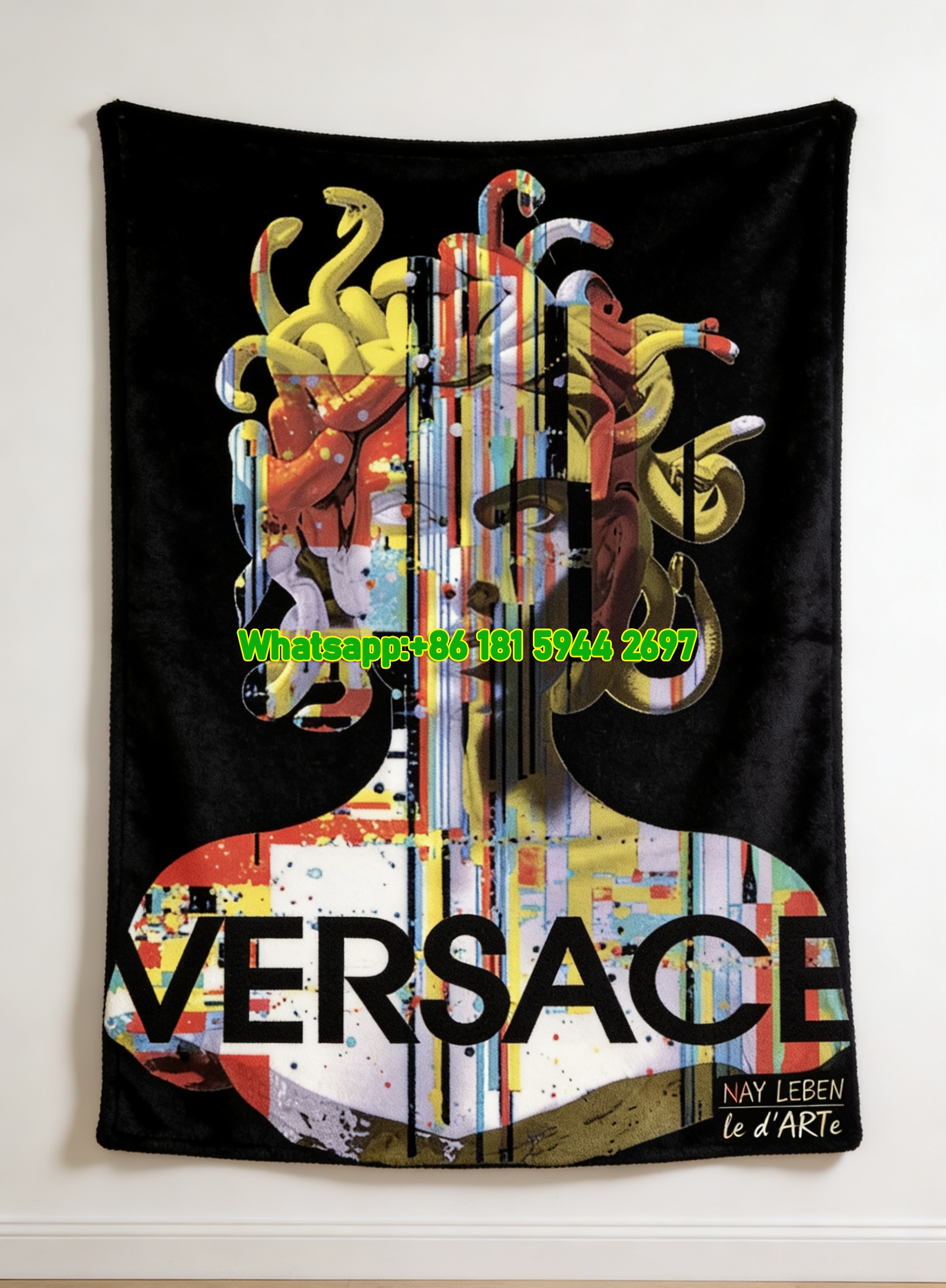 Versace Black Multicolor Graffiti Medusa Bust Printed Flannel Throw Blanket IMG_1280